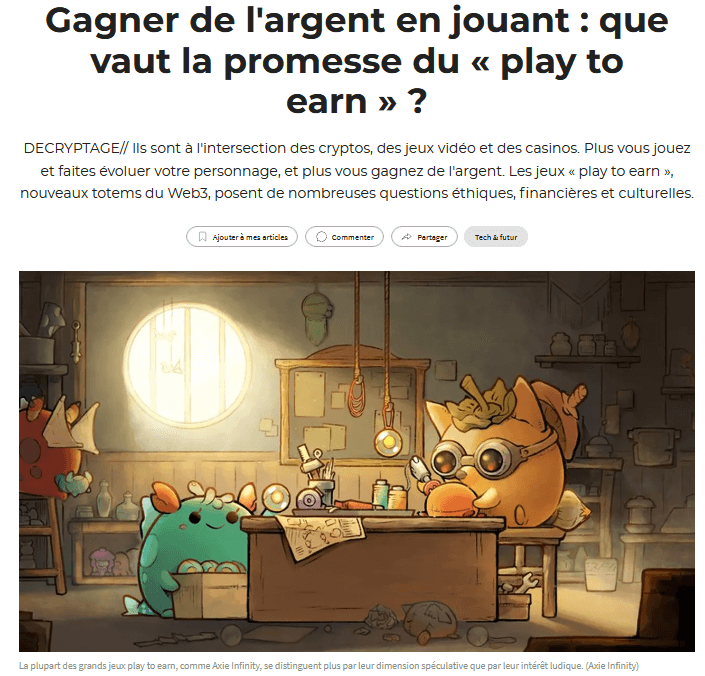 On voit deux animaux imaginaires, colorés et rondouillards, dans un atelier. Ils sont issus du jeu Axie Infinity.